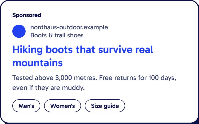 Example search ad for an outdoor boot brand