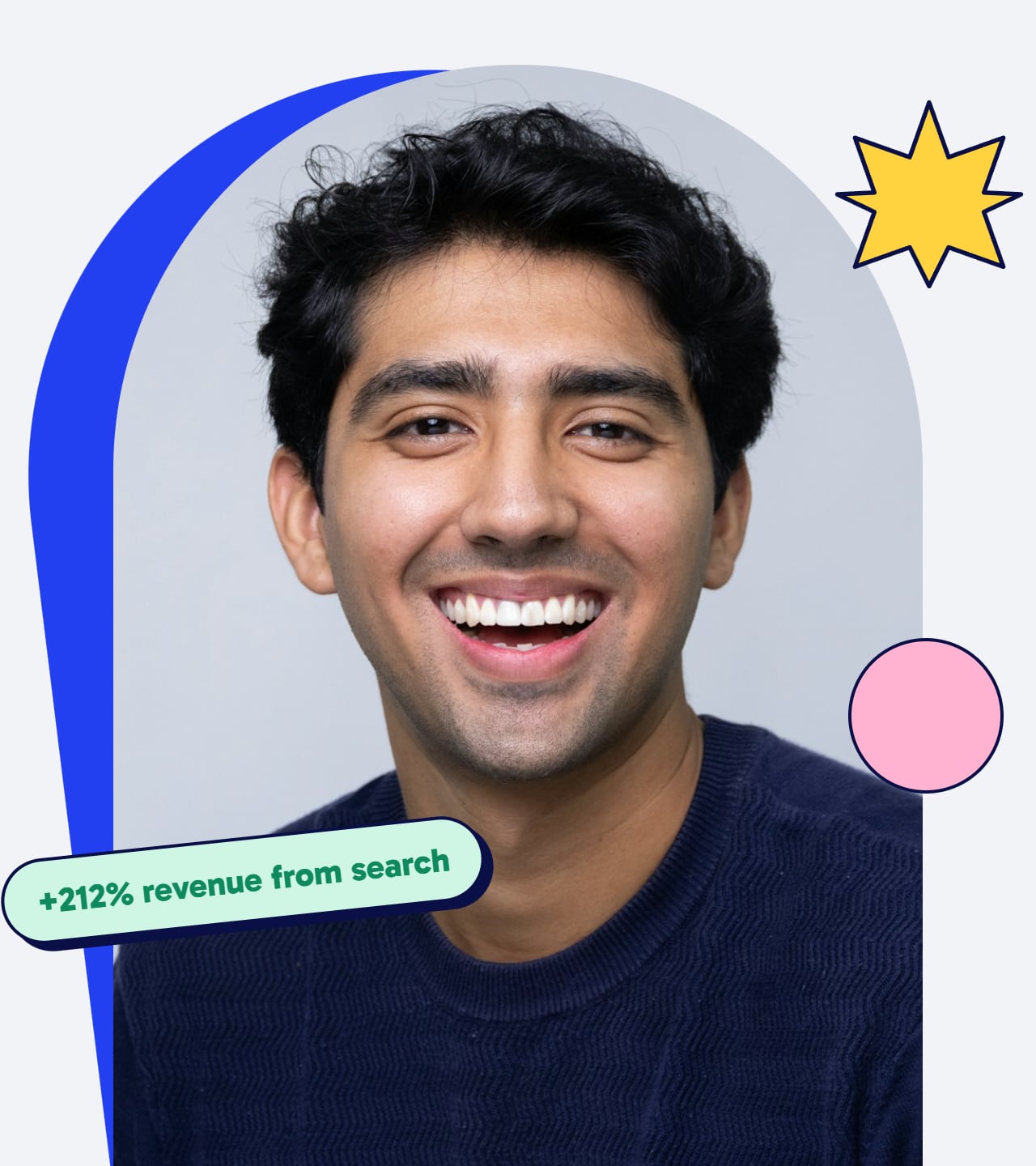 Smiling man in a navy sweater framed in an arch, with a tag reading plus 212 percent revenue from search