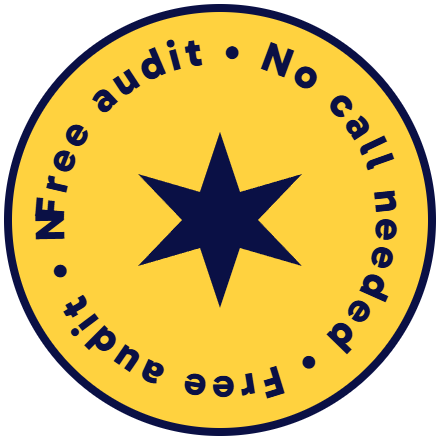 Round sticker reading Free audit, no call needed